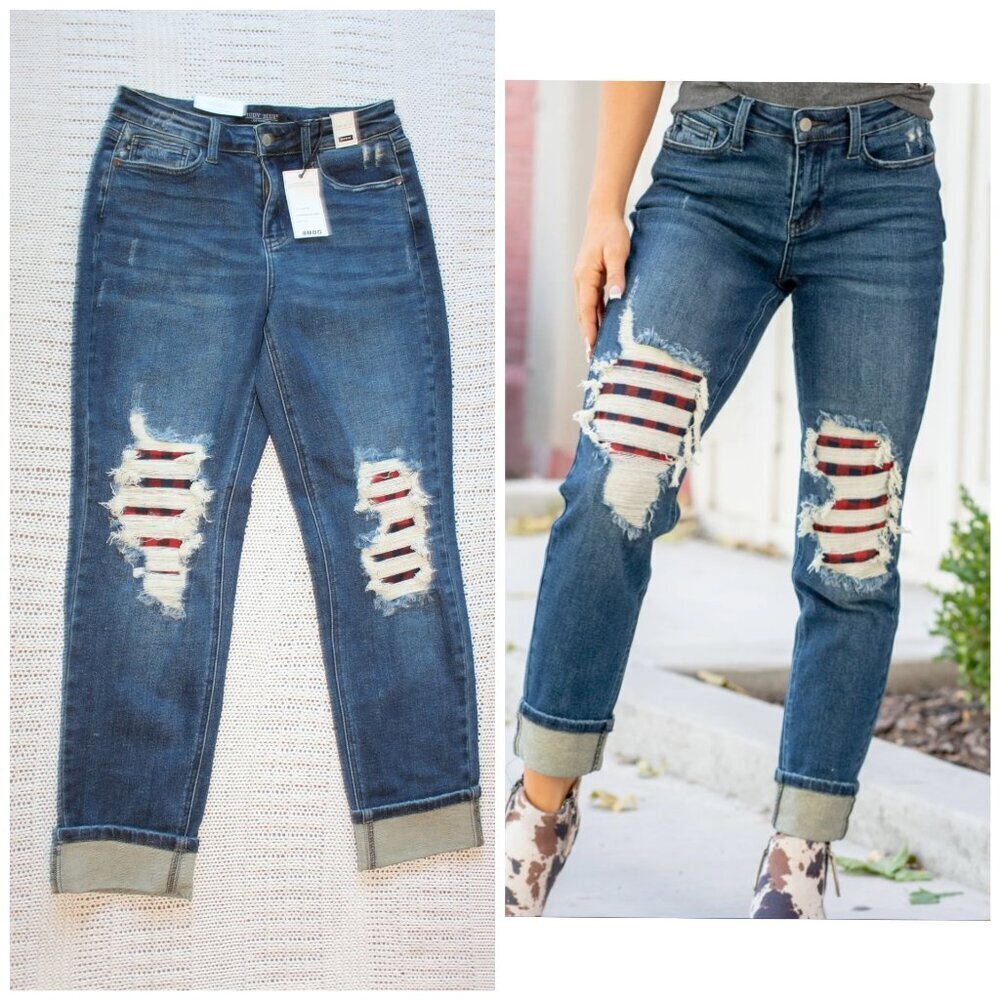 NWT Judy Blue Buffalo Plaid Patch Mid Rise Cuffed Boyfriend Jeans Size 7/28 blue
